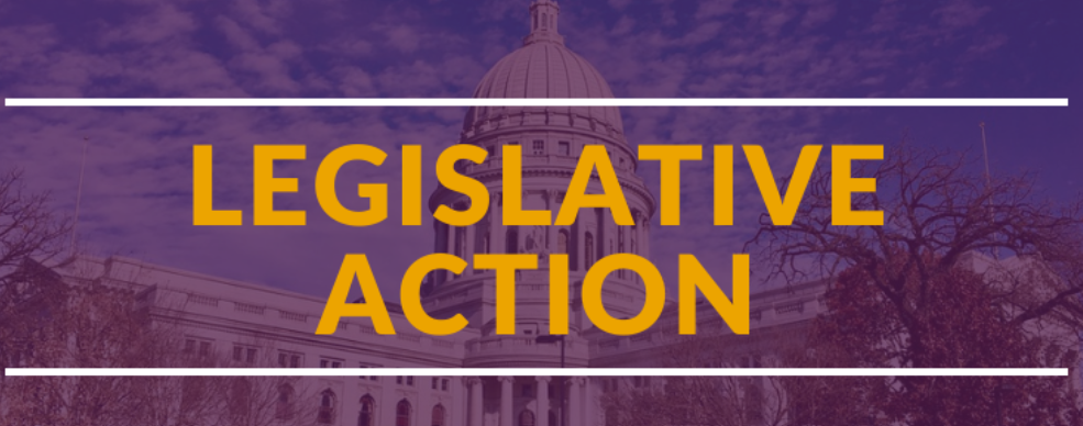 Image with "legislative action" written on a purple background