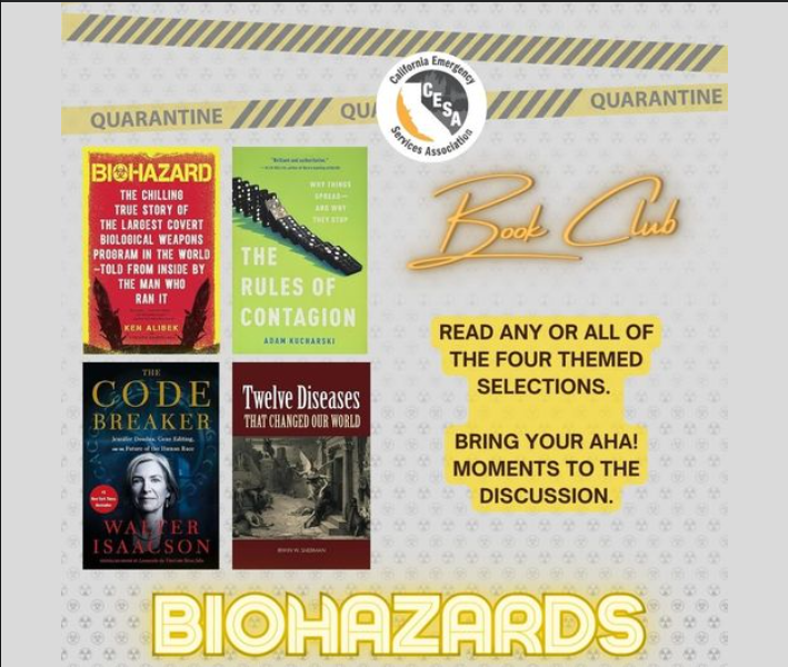 Image of book covers with the workds "book club" and "biohazards"