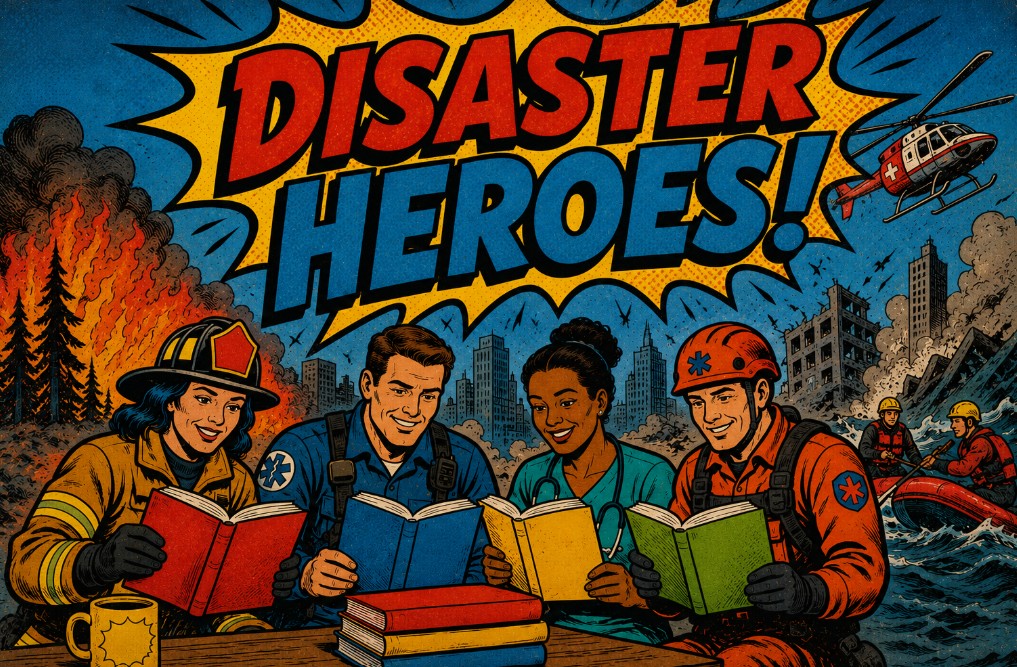 Comic book style image of first responders reading